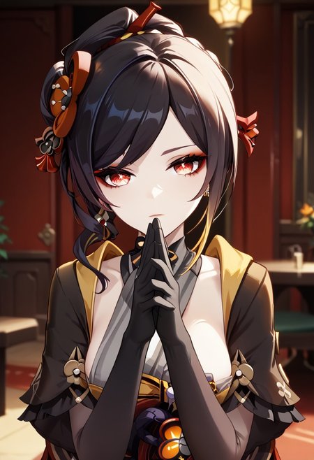 score_9,score_8_up,score_7_up,source_anime,CHIORI_(GENSHIN_IMPACT),1girl,solo,breasts,looking at viewer,bangs,black hair,hair ornament,red eyes,gloves,jewelry,upper body,multicolored hair,earrings,black gloves,head tilt,makeup,own hands together,