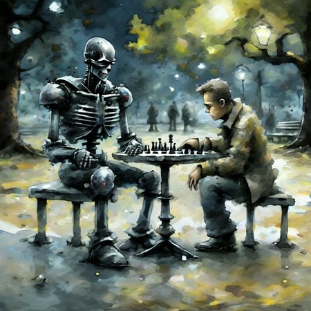 artmix04 terminator plays chess with man in the park, dark, very detailed<lora:artmix04:1>