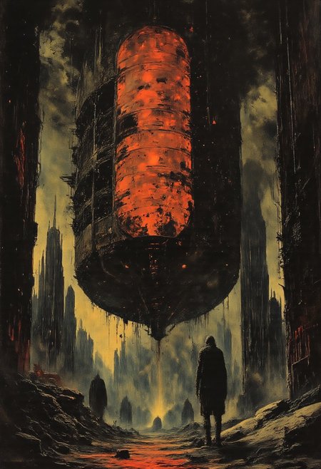This surreal artwork depicting a dystopian cityscape under a heavy rainstorm. The scene is dominated by a massive, rusted, and decaying scifi structure, painted in shades of red and dark, with a texture that suggests years of neglect. This structure appears to be a towering, vertical building with numerous windows and vents, some of which are cracked or missing.
In the background, the cityscape features a mix of futuristic and industrial architecture, including towering strange skyscrapers and large, cylindrical structures, all covered in a thick layer of rain. The buildings are predominantly dark gray and black, with a few spots of light, possibly from streetlights or neon signs, adding contrast. The raindrops are depicted as tiny specks, creating a sense of heaviness and gloom.
In the background, a silhouettes is partially visible,  obscured by the rain,lurking, which hints at a dark fantasy or sci-fi element. The overall mood is bleak and desolate, with a focus on the harsh, gritty textures and the overwhelming presence of the rain.reflections,best quality,masterpiece,detailed,rich neon colors,glow,shimmer,cables,wires,color contrast,award-winning,disturbing,hard science fiction,lost technology, melancholy,sepia,fog,(close-up),
H.R.Giger
Zdzisław Beksiński,
Philippe druillet
John Berkey
Nicola Samori
john  grimshaw