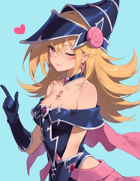 (score_9:0.9),score_8_up,score_7_up,rating_safe,(zPDXL3),
<lora:Magi Magi Magician Gal ponyXL v1.1:0.75>,
magi magi magician gal, 1girl, solo, one eye closed, cleavage, heart, looking at viewer, cyan background, medium breasts, black choker, black gloves, black strapless dress, from side, black wizard hat, chest tattoo, facial mark, pink earrings, pink skirt, dark-skinned female, simple background