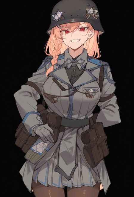 score_9, score_8_up, score_7_up, score_6_up, score_5_up, score_4_up, masterpiece, best quality, <lora:Sayustyle:1>, 1girl, simple background, high contrast, two-tone background, Expressiveh, black background, cowboy shot, smirk, negev, large breasts, wehr, grey uniform, grey military uniform, grey helmet, ammunition pouch