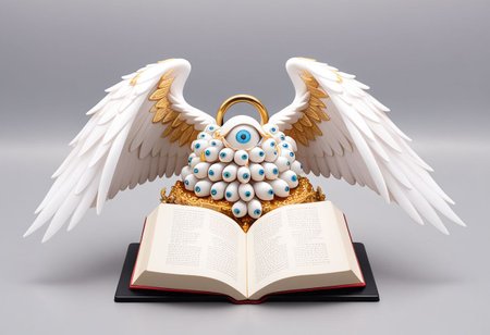 seraphim, mystical creature with hundreds of eyes and wings, PVC figurine, open book stand, profile angle