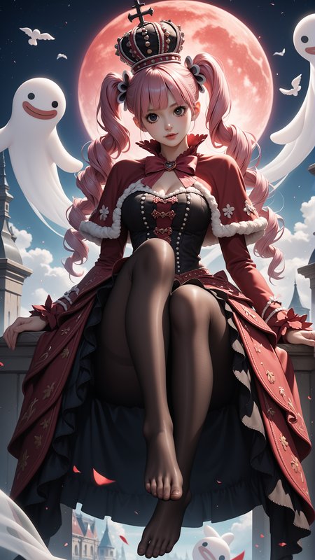 score_9,score_8_up,score_7_up,score_6_up,masterpiece,best quality,ultra-detailed,absurdres,Best Quality,beautiful,high res image,source_anime,hd BREAK looking at viewer,high definition,extreme detail,game cg,shiny skin,
1girl,solo,peronaoutfit,navel,full body,twintails,twin drills,black eyes,gothic,Pink Hair,black frilled strapless dress,black hat,black thigh-high socks,stockings,sitting,Dark Beauty,feet,
girl,wide hips,thick thighs,<lora:Pony_DetailV2.0:0.8>,(The background is a huge red moon:1.1),(night:1.1),<lora:PonyQuality_V3.3:0.5>,dynamic_angle,<lora:p3r0na14:0.9>,White ghosts floating around,medium_shot,<lora:dark_beauty:0.6>,foot_focus,