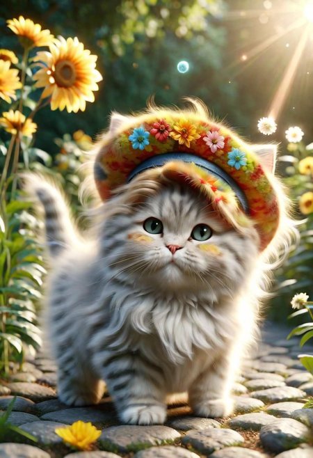 ral-fluff,<lora:ral-fluff:1>,
chibi,masterpiece,best quality,original,official art,silver metallic maincoon cat,hat,flower,blurred background,rendering,beautiful detailed glow,(detailed ice),beautiful detailed sun,sunny, blurred flower, happy