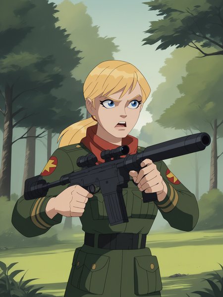score_9, score_8_up, score_7_up, score_6_up, score_5_up,
1girl, blonde_hair, weapon, blue_eyes, rifle, gun, solo, sniper_rifle, scope, forest, nature, ponytail, aiming, open_mouth, military, tree, uniform, scarf, holding, holding_weapon, military_uniform, binoculars, parody, motor_vehicle, upper_body, ground_vehicle, outdoors, rocket_launcher, holding_gun, bolt_action, retro_artstyle
 <lora:Avengers_EMH:1>
