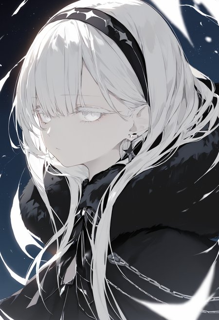 score_9,score_8_up,score_7_up,score_6_up,source_anime,
from side,black theme,
1girl,solo,white hair,white eyes,bangs,white eyelashes,hairband,earrings,fur-trimmed capelet,mole under eye,
looking at viewer,half-closed eyes,expressionless,
starry sky, 
blurry background,simple background,<lora:ãããã-000015:0.8>,