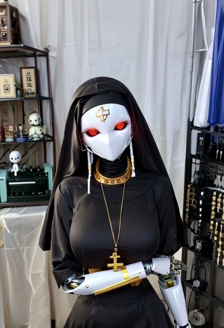 A 35mm photo of a beautiful robotic woman, she has a faceless robotic head, robot, silver hair, smooth metallic featureless feminine body, black colour with gold accents, faceless robotic nun in a robot religion , religious symbol is a circuit trace, her skin is made of metal and plastic
mannequin, faceless, egghead, Robot girl, Mecha, Android, mechanical limbs, robot joints, metal skin, black sclera, no mouth, armor, glowing eyes, no face, renou