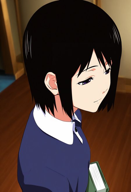 1girl, nakahara misaki, half closed eyes, looking away,
collared dress, standing, 
face focus, close-up shot, from side, pov, floor, foreshortening, 
book, indoors, blurry background,  
(nekobell:0.5),(bunsuirei:0.5),(pija:0.7),(happoubi jin:0.4),
(high_contrast, drop_shadow, chromatic_aberration, colorful:0.3),
sensitive,
masterpiece,best quality, very aesthetic, absurdres, newest 
<lora:Nakahara_Misaki:0.85>