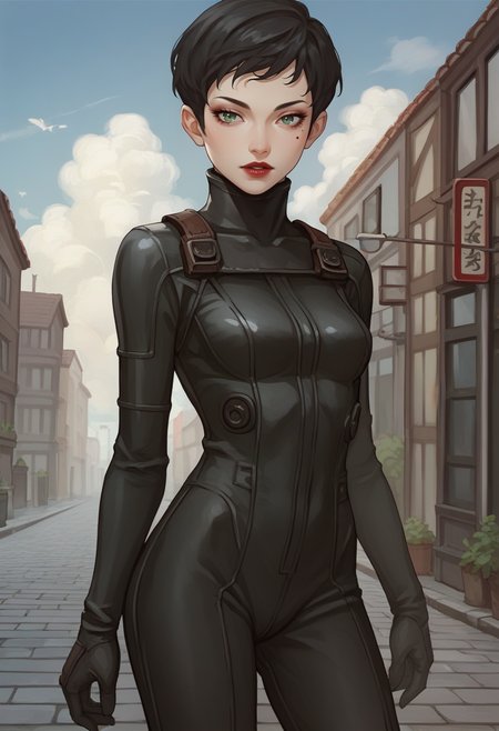 score_9, score_8_up, score_7_up, source_anime, 1girl, cowboy shot, <lora:zs_YurikoIVXL:1> yurikosmtiv, black hair, short hair, lipstick, mole under eye, makeup, green eyes, black bodysuit, sky, cloud, cobblestone