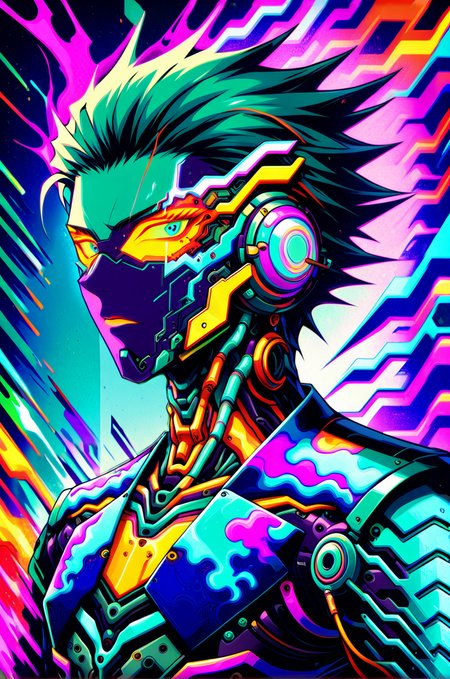 psychedelic style cybernetic robot <lora:Splash_Art_SDXL:1>, one man, square cut, serious facial expression, broad shoulders, upper body, neon aura, looking at the viewer, torn shades, front view <lora:art-v5:0.5> <lora:incase-ilff-v3-4:0.7> <lora:zavy-flrscnc-sdxl:0.9>   <lora:SDXLHighDetail_v5:0.5> . android, AI, machine, metal, wires, tech, futuristic, highly detailed . vibrant colors, swirling patterns, abstract forms, surreal, trippy