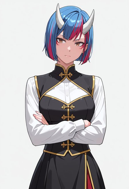 Smooth Quality,masterpiece,very intricate, high quality details, ultra realistic, high detailed skin,detailed enviorement,absurdres,
simple background, white background,
standing, arms crossed, head tilt, serious, balanced stance, confident,  ,dutch angle,naughty face,
gothic blouse,  ,zip-up vest,  ,cheongsam skirt,   ,
 <lora:Gobwa_cnn:0.8> gobwacnn,1girl, short hair,blue hair, multicolored hair, facial mark, streaked hair,white horns, brown eyes,