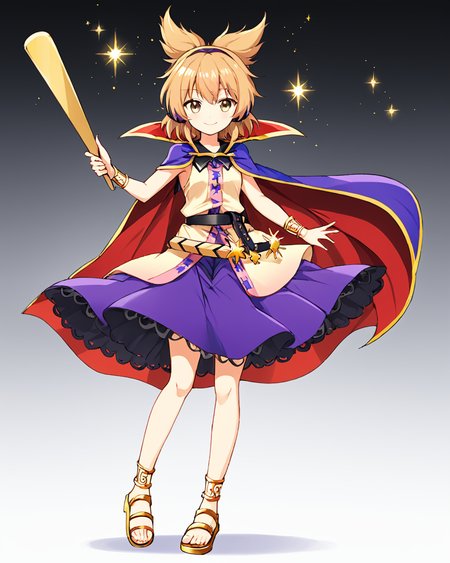 toyosatomimi no miko,1girl, solo, smile, purple_skirt, earmuffs, white_background, bracelet, simple_background, full_body, closed_mouth, looking_at_viewer, holding, sleeveless_shirt, blouse, belt, ritual_baton, sword, sparkle, purple_cape, blush, sandals, anklet, standing_on_one_leg, sheath, gold
<lora:toyosatomimi_no_miko_image4798_2023-12-20-000009:1>,star-shaped_pupils,symbol-shaped_pupils,. gorgeous,key visual, vibrant, studio anime,award-winning, professional, highly detailed,high budget, cinemascope