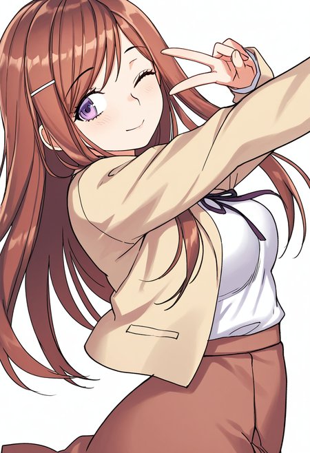 Smooth Quality,masterpiece,very intricate, high quality details, ultra realistic, high detailed skin,detailed enviorement,absurdres,
simple background, white background, dancing,skindentation, solo,from side,v,
 <lora:Dasom_Lee_CNR:0.8> dasom_cnr,  1girl, brown hair, long hair, bangs, purple eyes,hairclip,dasom_def_cnr,school uniform, shirt, long sleeves, jacket,brown skirt, neck ribbon,, one eye closed,, uwu,