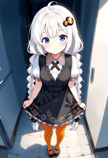 ((((((masterpiece)))))), ((((((best quality)))))), ((((((very aesthetic)))))), ((((((absurdres)))))),  masterpiece, best quality, absurdres, facing viewer, hair ornament, black dress, short sleeves, striped legwear, pantyhose, full body, modern college girl, solo, 18 years old, cute, college, dramatic lighting, pretty girl, (young), very kawaii, kawaii,  face focus, close up,
1girl, Kizuna Akari, white hair, blue eyes, braid,