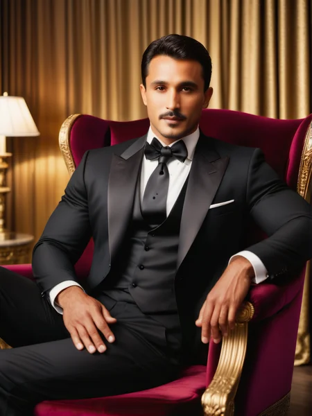 cinematic film still Handsome muscular latino man sitting on a black velvet chaise lounge chair wearing an elegant tuxedo.  <lora:LUIZ (XL):.65>  .Hair has gel , and is neatly combed. Elegant professional facial expression. Black matte walls. Black velvet chaise lounge chair has gold trim. Gold curtains are partially opened. Dark cherry wood bookshelf. Sepia colored globe on its own stand. Cherry wood wall trim. Thick black hair. Dark brown eyes. Olive skin. ((Subtle)) mustache, cleanly trimmed. Subtle soul patch and goatee, neatly trimmed.   <lora:Cinematic Cinematic Anamorphic film style v3:.4> Cinematic Anamorphic film style, Cinematic style  <lora:polyhedron_golden_hour_000006:.35> golden hour, sunset, sunrise . shallow depth of field, vignette, highly detailed, high budget, bokeh, cinemascope, moody, epic, gorgeous, film grain, grainy