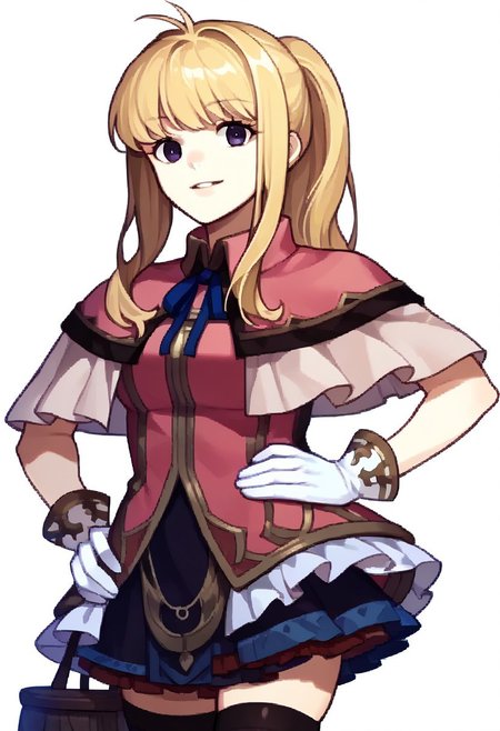 score_9, score_8_up, score_7_up, source_anime BREAK 1girl, solo, <lora:zs_FEEchoesPortraitsXL:1> echoesportraits, cowboy shot, solo, white background,hand on own hip, parted lips, <lora:ClarineFE-pdxl:1> altClarine, long hair, ponytail, sidelocks, pink shirt, capelet, neck ribbon, frilled skirt, white gloves, black thighhighs,  smile