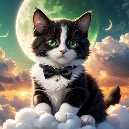 Picture of a cute little Cat layin on a heavens cloud, green eyes, (tuxedo pattern fur), atmospheric lighting, cinematic composition, concept art, digital illustration, detailed, natural light, 4K, high-detail, ((perfect eyes)), (detailed pupils), (sunset:1.2)
