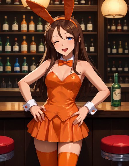 score_9,score_8_up,score_7_up,1girl,solo,standing,looking at viewer,smile,wink,open mouth,hands on hips,bar,
<lora:furusawayoriko_ponyXLV6:0.8>,cgfy,
brown hair,long hair,blue eyes,mole under eye,
orange playboy bunny,skirt,thighhighs