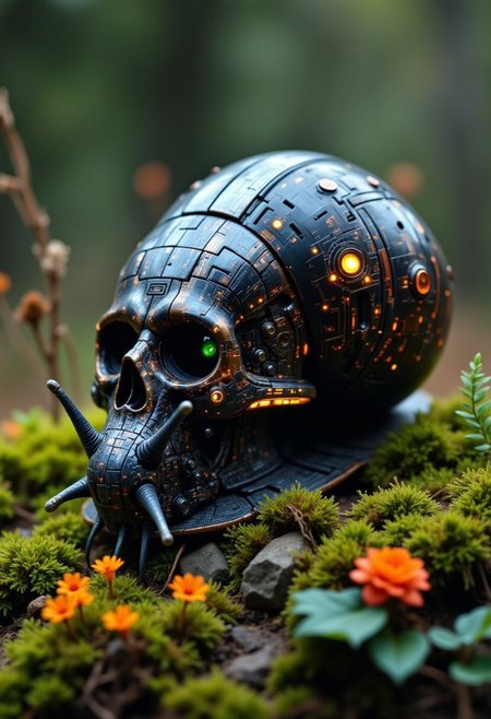 A close up of a snail with a cyborg skull shell, mossy, flowers, colorful,  sparkling, cyborg snail robot
