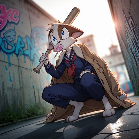 Mace, masterpiece,best quality,amazing quality,newest,absurdres,highres, newest,very awa,  anime,
(dutch angle), from side, from below,
head tilt,
navy serafuku, eating pink lollipop, holding baseball bat, baseball bat rest on shoulder,coat jacket over shoulders,
squatting,
urban, graffiti, wall,
depth of field,volumetric light,(blurry background:1.5),photo background,  ,shadow, chromatic aberration, bokeh,backlighting,reflection,