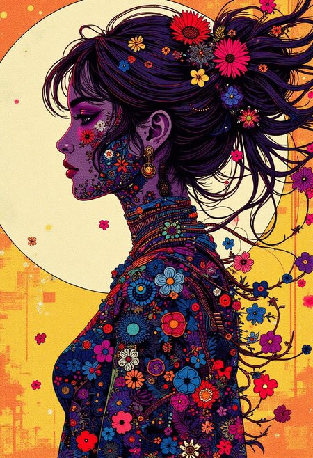 pointillism art. vivid colors. female silhouette A digital artwork in the style of cknc,
