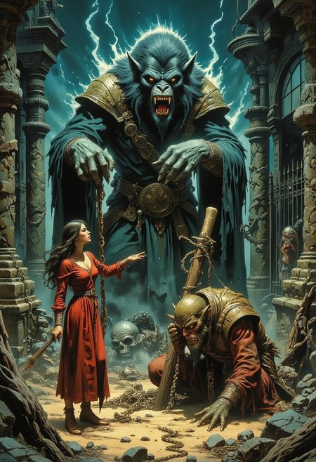 Comic book style 8k high quality digital painting , masterpiece, very detailed, ultra realistic, (best quality) very detailed epic masterpiece, a beautiful girl is reprimanding a fierce werewolf-ape-like monster, silencing the monster, shouting angry at the monster, standing very tall, pointing demeaningly at him, the monster is ducking down to the ground, chained to a big stake in the ground, cowering at the ground, afraid of the girl, cringing, an old mansion in the background, iron fence, funny scene, scary scene, action, scary, best quality, epic scene,  Dungeons and dragons atmosphere, heroic fantasy, fna_style, Comic book style