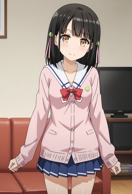 anime screencap,
<lora:OneRoom_HanasakaYuiXL:0.9>, HanasakaYui,
1girl, solo, closed mouth, light smile, head tilt,
medium hair, black hair, blunt bangs, brown eyes, clover hair ornament, hair ribbon,
YuiSchool, white sailor collar, pink cardigan, four-leaf clover, red bow, long sleeves, pleated skirt, blue skirt,
thigh gap, cowboy shot, standing, looking at viewer,
television, couch, bookshelf, indoors