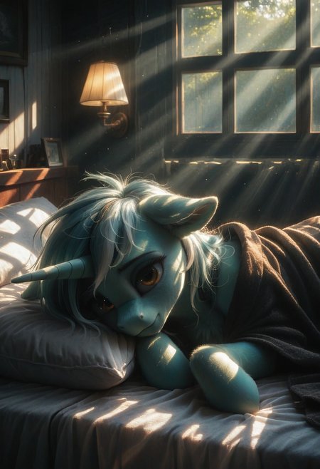 score_9, score_8_up,
score_7_up, score_6_up
score_5_up, score_4_up, sexy, source pony, unicorn, solo, indoors, Lyra Heartstrings, halfbody,  lying down, close eyes,  peaceful face ,  floppy ears, fur, fluff, cute, ear fluff, chest fluff. Bedroom,  lie on bed, covered with a blanket, night, darkness, window, nightstand. One light source, volumetrik lightning, bright colors, cold light,  cold tones. High detailed, scenery porn, high res, high quality, high detailed backround.
