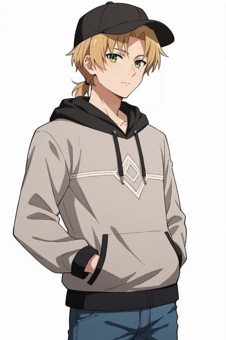 score_9, score_8_up, score_7_up, source_anime, 1boy, prefect lighting, very aesthetic, intricate details, highly detailed background, masterpiece, high quality, prefect hands, best quality, solo,
<lora:Rudeus_Greyrat_Mushoku_Tensei_V1:.85>, KJOrudy, parted bangs, blonde hair, green eyes, small ponytail, low ponytail, mole under eye,
cowboy shot, looking at viewer, 
hoodie, hood down, baseball cap, jeans, hand in pocket, 
white background, simple background,