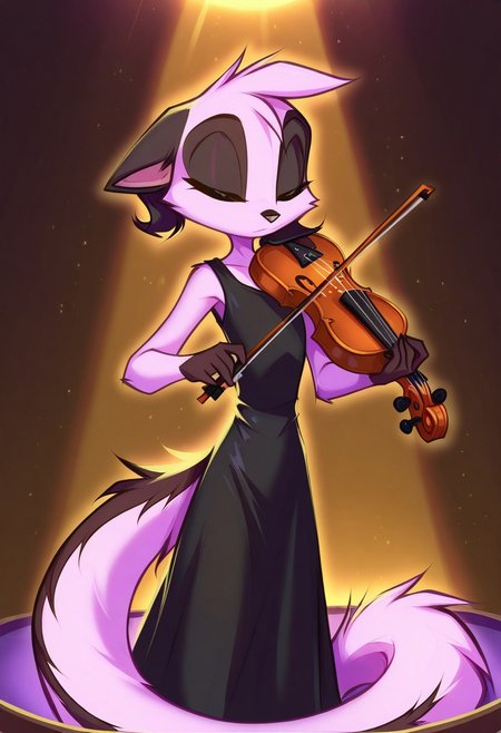 Dreamkeepers,1girl,Prelude_Vi,solo,furry,tail,source_furry,hazel eyes,
child,
masterpiece, best quality, newest, absurdres, highres, vibrant, highly detailed, very aesthetic, (violin, playing violin:1.4), beautiful, closed eyes, , black dress,  spotlight, stage performance