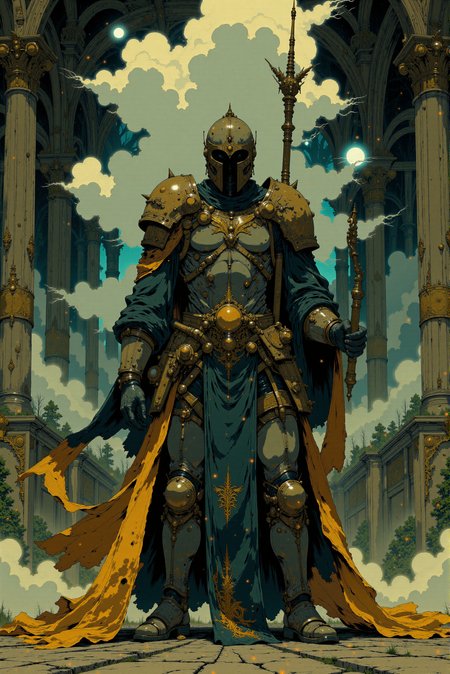 <lora:Fancha_style_v.5:0.90> Fancha style.  A majestic, imposing scene that appears to be a grand, ornate hallway or throne room. The central figure is a formidable warrior clad in elaborate, dark armor adorned with intricate golden patterns and an equally ornate, flowing, dark cape with a rich golden lining and elaborate designs. The warrior's helmet is futuristic yet medieval, blending elements of both, and they wear a dark, featureless visor. The warrior holds a tall, ornate staff topped with a stylized, ornate finial, from which puffs of ethereal, fluffy white mist or clouds emanate, giving an otherworldly feel.