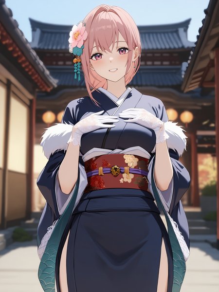 1girl, tsukishiro yanagi, solo, fur-trimmed kimono, lace gloves, hair flower, obi, sash, tabi, standing, cowboy shot, hands on own chest, light smile, east asian architecture, outdoors, blurry background, masterpiece <lora:Char-ZZZ-Yanagi-SDXL-V1:0.9>, masterpiece, best quality, very aesthetic, ray tracing, newest, illustration, incredibly absurdres, ultra detailed, [<lora:detailed_notrigger:0.95>::0.5]