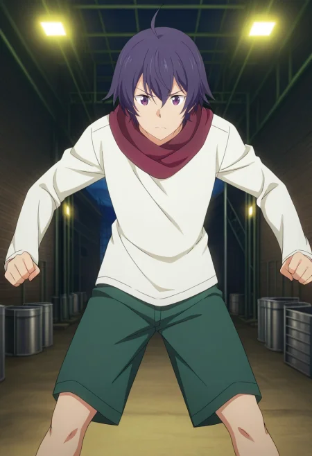 masterpiece, best quality, , anime screencap, , official style, looking at viewer, 1boy, solo, male focus, <lora:shin_wolford_ilxl:0.98>, shin_wolford, purple hair, purple eyes, short hair, ahoge, hair between eyes, , industrial dockyard, towering cranes, rusted containers, glowing floodlights, navigating pose, focused expression, ocean breeze, Bermuda shorts, Goldenrod Mesh Thermal shirt, , , Scarf ring