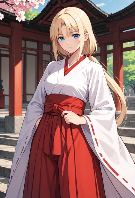 core_9,score_8_up,score_7_up, long hair, blonde hair,blue eye, 1girl, jyojifuku, miko,red hakama,low ponytail, east asian architecture, BREAK