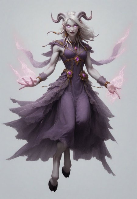 (absurdres, highres, best quality, masterpiece:1.4), 
score_9, score_8_up, score_7_up, score_6_up, 
detailed, 
detailed body, 
detailed face, 

(culDraenei, 
female, 
purple eyes, 
no sclera, 
no pupils, 
athletic, 
tall, 
slim, 
pale skin,
grey skin, 
long ears),

loose long purple dress,  
yellow pendant, 
sleeveless, 
magical spell, green aura, 

cheerful, 
(((full body))), 
posing, 
floating, 

(((white background, plain background))), 
(((no objects in background)))