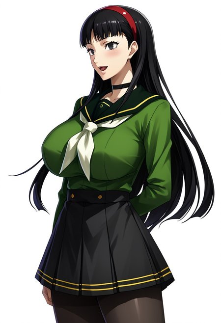 score_9,score_8_up,score_7_up,source_anime,5_figner,2d_animation,game cg,BREKE,
yukiko amagi,long hair, black hair, hairband, black eyes,1girl,solo,
gosya school uniform,
long sleeves,pleated skirt,black pantyhose,shoes,green shirt,choker,serafuku,white  neckerchief,
gigantic breasts,thick hips,thick thighs,thick waist,disproportionate breasts,huge areolae,
covered erectile nipples,covered the breast,curves,glamour,blush,smile,cowboy shot,open mouth,red hairband,arms behind back,from side,
simple background,white background,
masterpiece,best qualit,ultra-detailed,illustration,an extremely delicate and beautiful,beautiful detailed eyes,unity 8k wallpaper,high resolution,anime CG,official_art,
