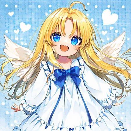 score_9, score_8_up, score_8, score_7_up, 
1girl, solo, AEFilo, blue eyes, blonde hair, ahoge, long hair, white wings, blue bowtie, white dress, frilled dress, frilled sleeves, long sleeves, barefoot, polka dots background, smile, open mouth, close shot, cute girl, looking at viewer,
cute, kawaii, hearts,