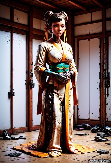 1 girl, detailed, 1girl, chun-li, kimono, covered, exploring, evi@decrepPunk, Hand, detailed, perfect, perfection, hands, 4ng3l face, robot, robotic girl,