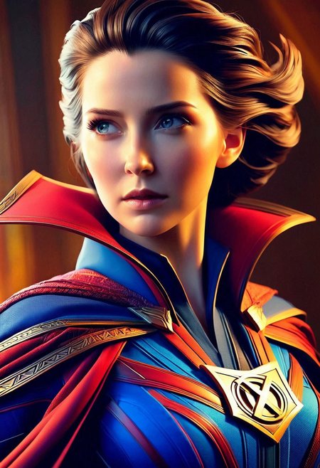 A young woman, hyper-realistic, wearing a intricately detailed Doctor Strange outfit, with a mystical aura, soft lighting, and a warm color palette, captured in a close-up shot from a slightly low angle, emphasizing her determined expression, with subtle shadows and textures, in the style of a cinematic digital painting.