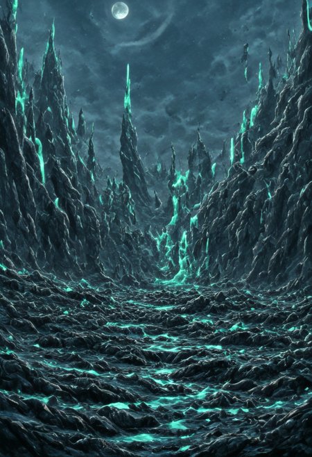 A beautiful landscape at night on an alien world, dramatic lighting, large moon in the sky, jade rocks, waterfalls, deep crevices, uhd, ultra-detailed, photography, f/8 photo, monoprone, nmskyrim