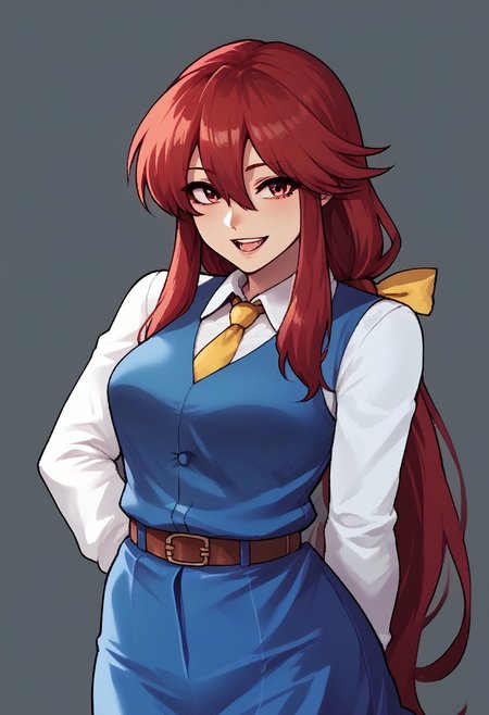 score_9, score_7_up, source_anime, source_cartoon, source_explicit, BREAK, colorful, aesthetic, illustration, kotohime (touhou), long hair, red hair, red eyebrows, hair between eyes, bangs, sidelocks, low-tied long hair, tied hair, low ponytail, hair ribbon, yellow ribbon, red eyes, breasts, white shirt, collared shirt, long sleeves, yellow necktie, blue vest, brown belt, blue skirt, hands behind back, open mouth, smile, teeth, simple background, looking at viewer, facing viewer, standing in front of viewer, standing