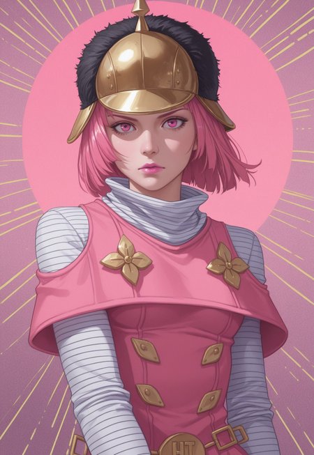 realistic, watercolor paint style,  anime, masterpiece, best quality, detailed background, 8k, 1girl, solo, hot pants, pink hair, short hair, pink lipstick, pink eyes, gold helmet, black fur cap, white striped shirt, long-sleeve shirt, baggy turtleneck, pink dress, layered dress, gold accessories, abstract background, face focus, close-up, half body, staring at viewer, dramatic pose,