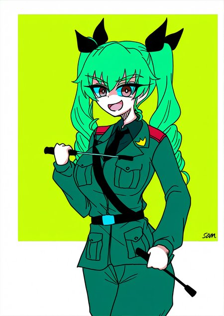 <lora:Tokigui:1.2>,1girl, anchovy (girls und panzer), huge breasts, anzio military uniform, belt, black belt, black necktie, black ribbon, black shirt, brown eyes, dress shirt, drill hair, green hair, grey jacket, grey pants, hair ribbon, jacket, long hair, long sleeves, looking at viewer, military, military uniform, necktie, open mouth, pants, ribbon, riding crop, sam browne belt, shirt, signature, smile, smirk, solo, standing, twin drills, twintails, uniform, wing collar,