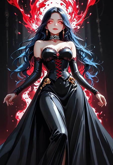 Core 9, Score 8, Score 7, Anime Origin, Intricate Details, Detailed Backgrounds, Masterpiece, High Quality, Perfect Hands, Best Quality, Black Hair, Multi-Colored Hair, Blue Hair, Golden Eyes, Shadowy Gaze, Side Smile, Very Long Hair, Side Bangs, Straight Hair, Thigh-Length Hair, Medium to Large Breasts, Narrow Waist, Perfect Face, Detailed Face, Jeweled Choker, Elbow-Length Gloves, Wide Thighs, Black Stockings, Long Stockings, Dark Clothing, Black Clothing, Jewelry, Elegant Victorian Background, Elegant Background, Looking From Below, Haughty Gaze, In the Shadows, Black Aura, Loose Hair, Bare Shoulders, Corset, Cocktail Dress, Bodycon Dress, High Neckline, Masterpiece, High Quality, Multi-Colored Background, Hands Up: 1.5, <lora:Aanimate_Dead-magic_-ILXL:0.8> animate_dead, Skull Aura: 1.4, Lying Down, Full Body, Dutch Angle, blood, blood drops, glowing eyes, (Element) control, Blomagmb, blood magic, blood, bloodstream, jewels, rubies, skull background.