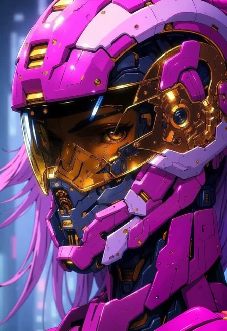 in the style of ckra, close up of a intricate detailed armored pink hair girl, wearing helmet, futuristic, technologic, panel, full face mask, combat technology, tech filigrane, gold, aluminium, purple metalized, studio anime, super_detailed, ultra_high_resolution, dynamic lighting, depth of field, deep shadow, mecha, neotech, glasstech