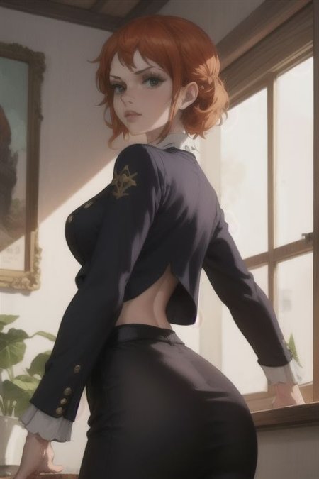 A painting of a woman in a black suit,  nami,
with a white background and a white wall,  a painting, fantasy art
masterpiece, best quality, depth of field, backlighting, intricate details,  <lora:SDXLHighDetail_v5:1>