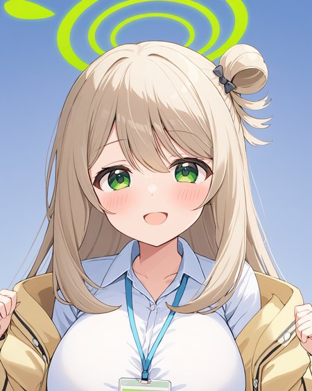 nonomi \(blue archive\),1girl, halo, solo, id_card, large_breasts, spoken_heart, blush, plaid_skirt, single_hair_bun, cropped_legs, yellow_jacket, white_shirt, looking_at_viewer, smile, simple_background, open_mouth, school_uniform
<lora:nonomi_(blue_archive)_image1897_2023-11-28:1>halo. gorgeous,key visual, vibrant, studio anime,award-winning, professional, highly detailed,high budget, cinemascope