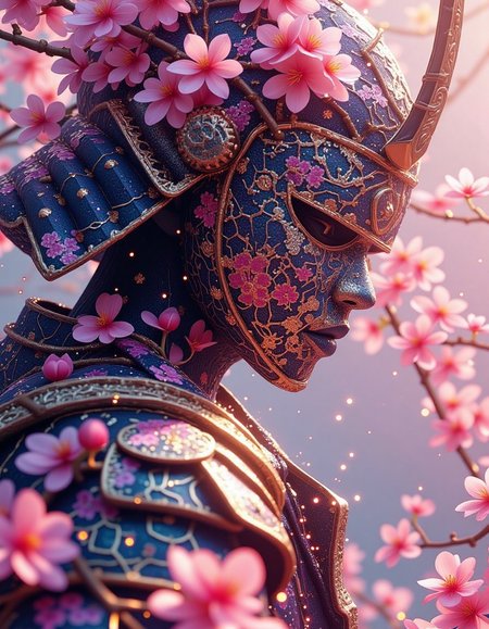 A realistic sideview anime masterpiece drawing of a woven light Cherry Blossom samurai. Floating tiny golden glistening particles.