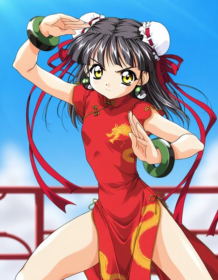 masterpiece, best quality, good quality, <lora:Kounyan_Spiral_NAMI_IS:1>Kounyan, black hair, long hair, double bun, hair bun, bun cover, yellow eyes, ribbon, earrings, flat chest, green jewelry, 2000s \(style\),anime coloring,  short_stack,
1girl, solo, chinese clothes, china dress, red dress,
 fighting stance, bracelet, short hair,
blue sky,