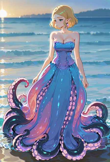 reia 76, 1girl, solo,tentacle dress, tentacles, scylla, ocean,outdoors, water, cleavage, suction cups, bare shoulders, strapless dress, princess_zelda swimming